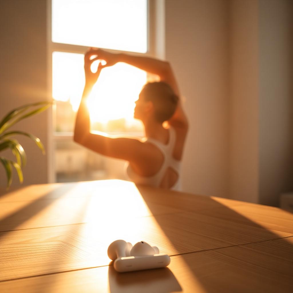 Personne s'étirant au lever du soleil avec des écouteurs sur une table en bois
